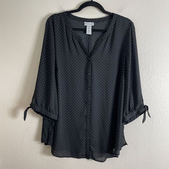 Catherines Womens Plus 0X 14/16W Black Polka Dot Button Up Blouse Tie Cuffs Top - Picture 1 of 7